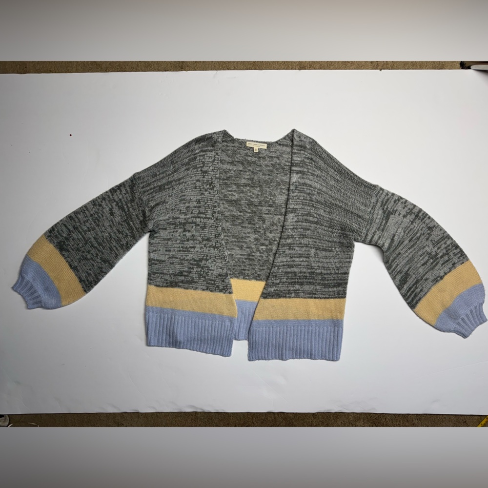 Truly Madly Deeply Heathered Gray Cardigan with Cream and Blue Trim